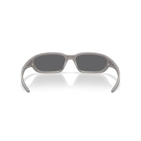Matte grey wraparound sunglasses, rear view showing dark grey lenses and slim temples with small red accent detail.