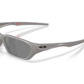 Oakley wrap-style sport sunglasses in matte grey with black lenses and red accent detailing on temples