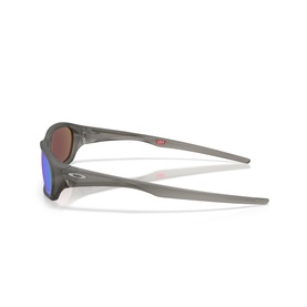 Oakley sunglasses in matte grey smoke with blue iridium lenses, side profile view showing logo on temple arm