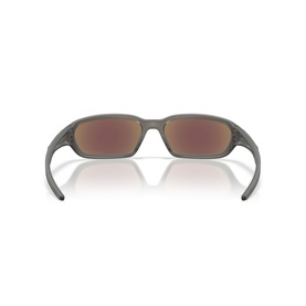 Oakley wraparound sunglasses, grey matte frame with blue mirrored lenses, rear view showing temple arms and frame structure