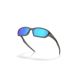 Grey wraparound sunglasses with blue mirrored lenses and slim temples, angled three-quarter view