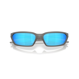 Oakley sunglasses with grey rectangular frames and blue mirrored lenses, front-facing view