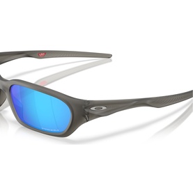 Oakley wrap-style sunglasses in grey with mirrored blue lenses and red accent detailing on inner frame