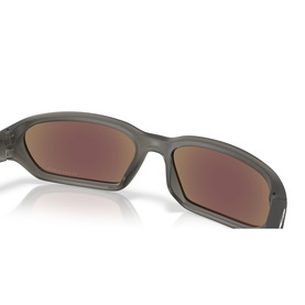 Grey rectangular sunglasses with matte frame and deep red mirrored lenses, angled close-up view