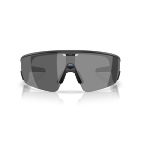 Oakley black shield-style sunglasses with dark tinted single lens and matte black frame, front view