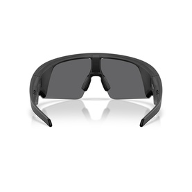 Oakley black sunglasses, rear view showing wraparound frame design, dark tinted single lens and rubberised temple tips