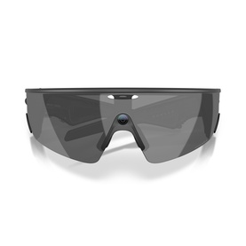 Oakley black shield-style sunglasses with smoke grey single lens and matte black frame, front view