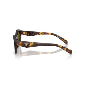 Prada brown tortoiseshell sunglasses, side profile view showing Prada logo on temple arms and gold-toned lenses