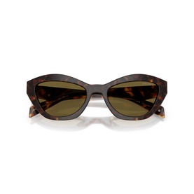Prada brown tortoiseshell cat-eye sunglasses with green-tinted lenses, folded flat view