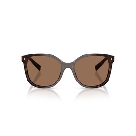 Prada brown tortoiseshell square sunglasses with brown lenses and gold stud detail at temples