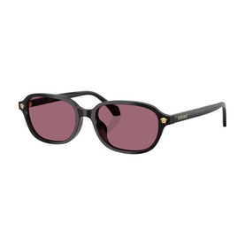 Versace black sunglasses with rectangular frames, gold Medusa logo temples, and dark pink lenses