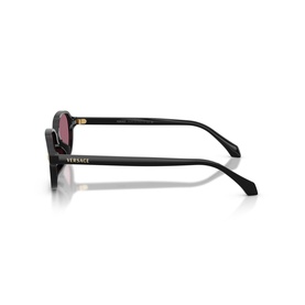Versace black sunglasses, side profile view showing slim temple arm and pink-tinted lenses with gold-tone hinge detail