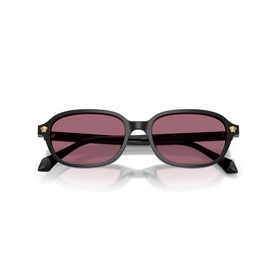 Versace black sunglasses with square frames, gold Medusa stud detail on temples, and dark rose-tinted lenses