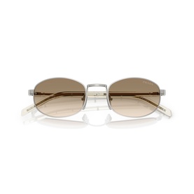 Oval sunglasses with silver metal frames and gradient brown lenses, folded closed on white background