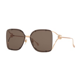 Gucci oversized square sunglasses in brown with rose gold metal frames and GG logo temples, brown lenses