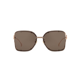 Oversized square sunglasses with brown tinted lenses, rose gold metal frame, and slim temples with subtle branding