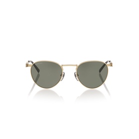 Round gold-tone metal frame sunglasses with green lenses, slim temples, and minimalist bridge detail