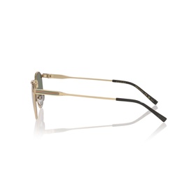 Gold-tone metal frame sunglasses with dark tinted lenses and black temple tips, side profile view