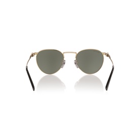 Ray-Ban round sunglasses, gold metal frame with green mirror lenses, shown from rear angle highlighting slim temples and nose bridge