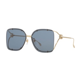 Gucci sunglasses in gold-tone metal with oversized square blue lenses and GG logo detail on temples
