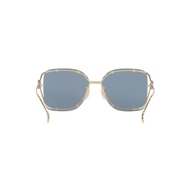 Gucci gold-tone oversized square sunglasses with pale blue lenses and decorative twisted temple arms, rear view