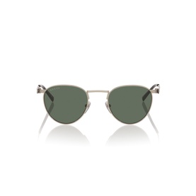 Round metal frame sunglasses with silver-tone wire frame and green lenses, front-facing view on white background