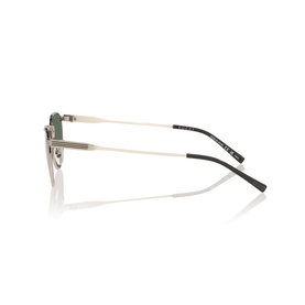 Silver and black frame sunglasses with green tinted lenses, shown from the side to highlight slim metal temples and nose bridge.