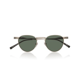 Round metal frame sunglasses with silver tone frame, green lenses, and black temple tips, shown on white background
