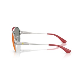 Ray-Ban Polar silver sunglasses, side profile view showing red temple arms and orange mirrored lenses with silver metal frame.