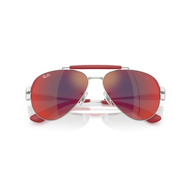 Ray-Ban Polar silver aviator sunglasses with red mirrored lenses and red rubber bridge detail, overhead view