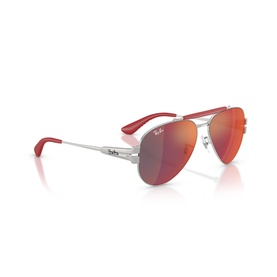 Ray-Ban Polar silver aviator sunglasses with red mirror lenses and red temple tips, angled three-quarter view