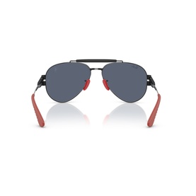Ray-Ban Polar black aviator sunglasses, rear view showing blue mirrored lenses, double bridge, and red temple tips