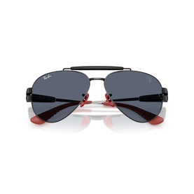 Ray-Ban Polar black aviator sunglasses, rear view showing dark blue lenses, double bridge, and red temple tips