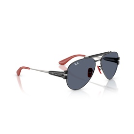 Ray-Ban Polar black aviator sunglasses with silver metal frame, red temple tips, and dark blue lenses, angled product view