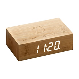 Gingko flip click clock in natural bamboo finish with white LED display showing 12:20, alarm and control icons on top