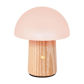 Mushroom-shaped table lamp with frosted pink dome shade, natural wood-effect base, and small gold button detail