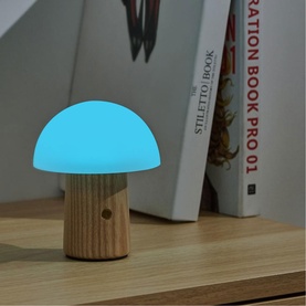 Small mushroom-shaped lamp with glowing blue silicone cap on a natural wood base, styled on a shelf between books