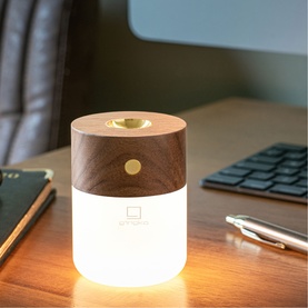 Gingko lamp with dark wood-effect cylindrical body and warm glowing white base, styled on a desk with keyboard and stationery