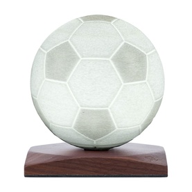 Gingko football-shaped lamp in pale grey with hexagonal panelling, displayed on a dark walnut-toned rectangular base