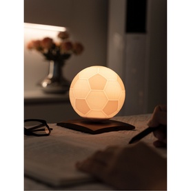 Gingko football-shaped table lamp, glowing warm white, on a dark wooden base, styled on a desk in a dimly lit room
