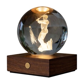 Gingko crystal ball lamp with 3D engraved baseball player figure, illuminated warm LED light, walnut wooden base with gold button