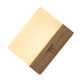 Lumie square wooden LED book light with warm white glow, natural walnut-effect base and frosted panel