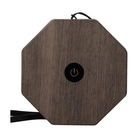 Gingko Mini Walnut Drift light, octagonal wood-effect base with central power button and black cord, rear view