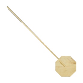 Gingko light with long slim gold-toned stem and octagonal wooden base, minimalist pendulum-style design