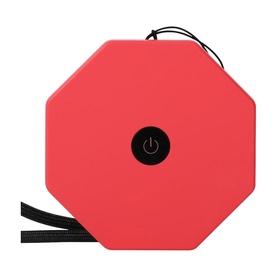 Gingko Mini Coral Red octagonal portable light with central power button and black hanging cord