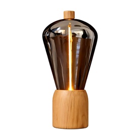 Table lamp with smoked glass bulb shade on a natural wood base, warm filament bulb glowing inside