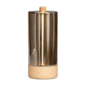 Cylindrical pepper or salt mill with gold-toned metallic body and natural wood base and cap