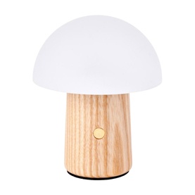 Gingko mushroom-shaped table lamp with frosted white dome shade and natural wood-effect base with gold button detail