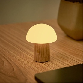 Gingko mini mushroom lamp with warm white frosted globe shade on a natural wood stem, styled on a wooden surface
