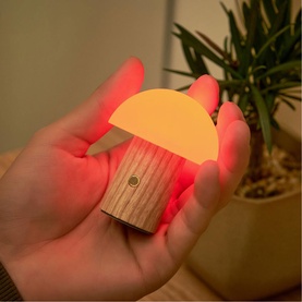 Gingko Mini Mushroom LED night light in wood-effect base with warm orange-pink glowing cap, held in one hand beside a potted plant